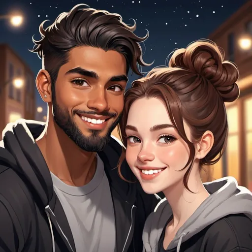Prompt: Photo booth picture. Happy couple. Smile. ((beautiful black flowy haired woman with hair down in waves. pale skin)) ((handsome man reddish brown haired in messy man bun. muscular, Latino male, short beard.)) in love. black Hoodies. Detailed faces. Romance novel. Oil painting art. Webtoon style art. Twinkling lights and simple background