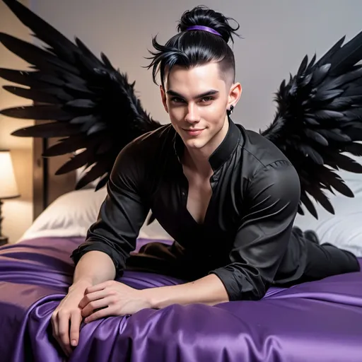 Prompt: D&D inn bed room, handsome male Fey with large black feathered wings, pale skin and black haired sitting on the edge of the bed. Windswept messy man bun, Devilish smirk, amused, legs crossed, playful smile, piercing violet irises, black satin shirt, andy black, pointy ears, 