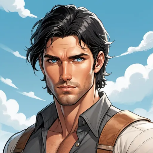 Prompt: Rugged handsome fantasy setting man. Sky blue eyes. Shoulder length Black hair. Tan sun kissed skin. Nose scar from being broken a few times. Charming smirk. Stubble chin hair. Illustration, comic book art