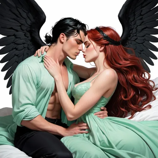 Prompt: Large bed, black sheets, mahogany carved headboard, beautiful red haired woman in mint green long flowy dress kissing black haired, man bun, well dressed, andy black with black angel wings. In love. Love. Deep kiss. Leaning over. Romance novel. Detailed faces. Laying down. Romance. Comic book art. Illustration.