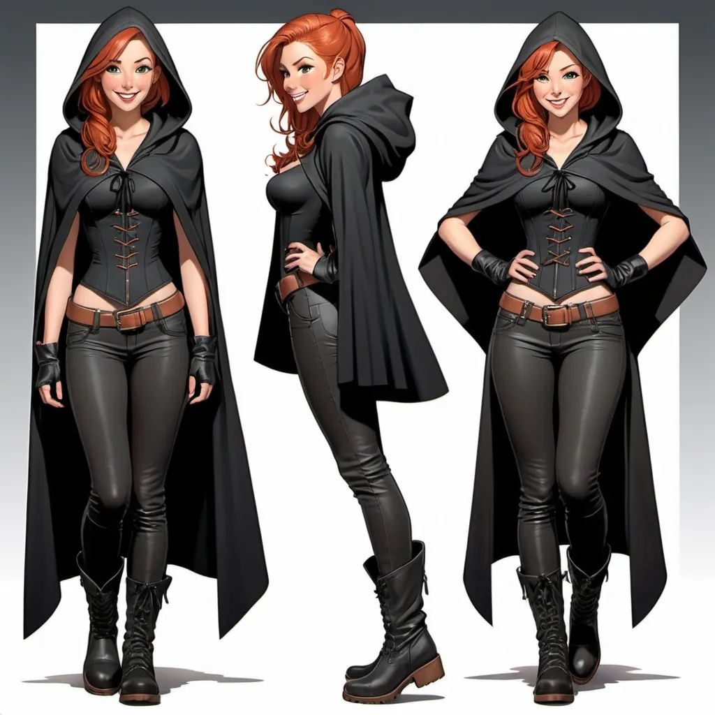 Prompt: Character sheet, multiple angles, same character, tall slender young woman, with medium-length feminine red hair, peach skin with pretty hazel eyes, looking cute and happy and excited, wearing a large hooded cloak, wearing a poofy black shirt, wearing a corset, wearing long pants, wearing tall black boots, fantasy genre, tomboy. comicbook art 
