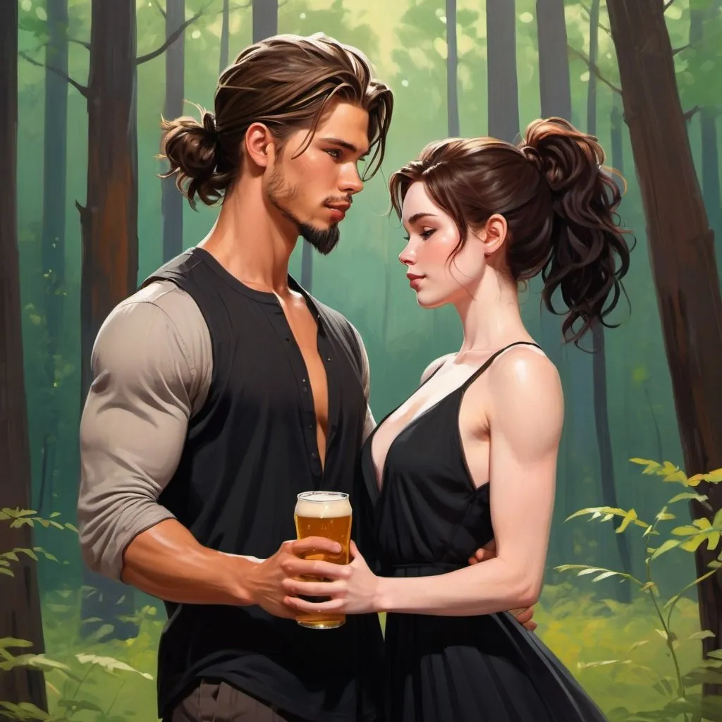 Prompt: Happy couple. Drinking beer bottle. ((beautiful black flowy haired woman. pale skin black dress.)) ((handsome man reddish brown haired in messy man bun. muscular, Latino Austin Butler, short beard.)) in love. Detailed faces. Romance novel. Oil painting art. Webtoon style art. Forest night background