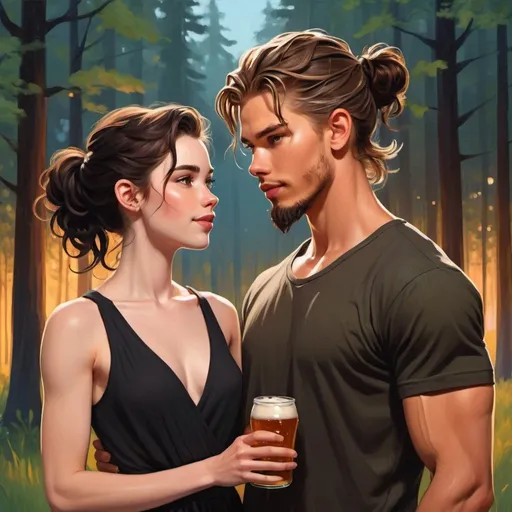Prompt: Happy couple. Drinking beer bottle. ((beautiful black flowy haired woman. pale skin black dress.)) ((handsome man reddish brown haired in messy man bun. muscular, Latino Austin Butler, short beard.)) in love. Detailed faces. Romance novel. Oil painting art. Webtoon style art. Forest night background