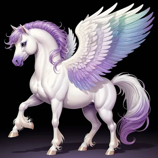 Prompt: White Pegasus with pastel mane and tail. Dark violet snout that stretches higher on the right side. Sandy brown eyes. Large iridescent white wings. Full body. Comic book art.