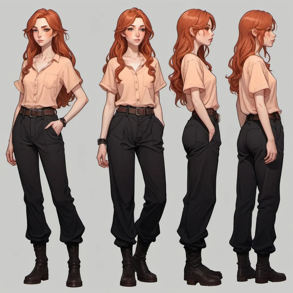 Prompt: Character sheet, multiple angles, same character, female human, peach skin, long auburn wavy hair, piercing hazel irises, tall slender body, dressed in simple black baggy fantasy shirt and baggy black pants, gorgeous, beautiful, D&D sheet, oc character. well dressed. 