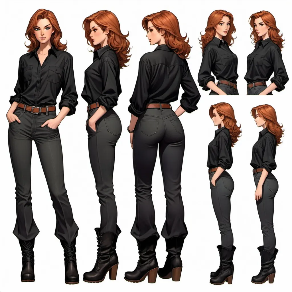 Prompt: Character sheet, multiple angles, same character, tall slender young woman, with medium-length wavy auburn hair, peach skin with pretty hazel eyes, beautiful, gorgeous face, wearing a oversized poofy black shirt, wearing long straight leg pants, wearing tall black boots, fantasy genre, tomboy. Baggy clothes, comicbook art 
