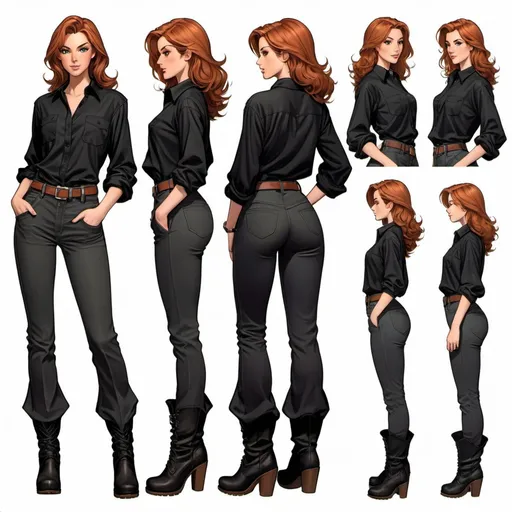 Prompt: Character sheet, multiple angles, same character, tall slender young woman, with medium-length wavy auburn hair, peach skin with pretty hazel eyes, beautiful, gorgeous face, wearing a oversized poofy black shirt, wearing long straight leg pants, wearing tall black boots, fantasy genre, tomboy. Baggy clothes, comicbook art 
