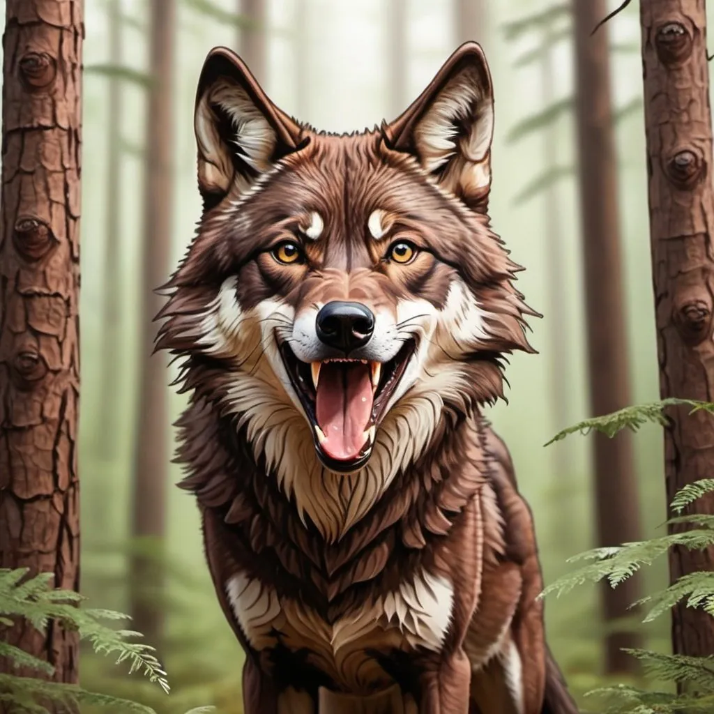 Prompt: Tongue out. Happy playful. chocolate brown wolf hand drawing forest background 