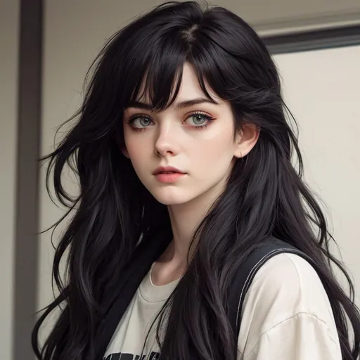 Prompt: beautiful long black flowy haired woman. pale skin. Tomboy clothes. Margo Robbie. Amber eyes.  80's style anime