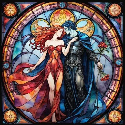 Prompt: Beautiful stained glass. Watercolors. Colorful. Hades and Persephone 