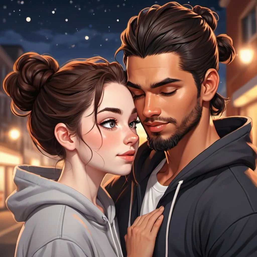 Prompt: Photo booth picture. Happy couple. Kissing. ((beautiful black flowy haired woman with hair down in waves. pale skin)) ((handsome man reddish brown haired in messy man bun. muscular, Latino male, short beard.)) in love. black Hoodies. Detailed faces. Romance novel. Oil painting art. Webtoon style art. Twinkling lights and simple background