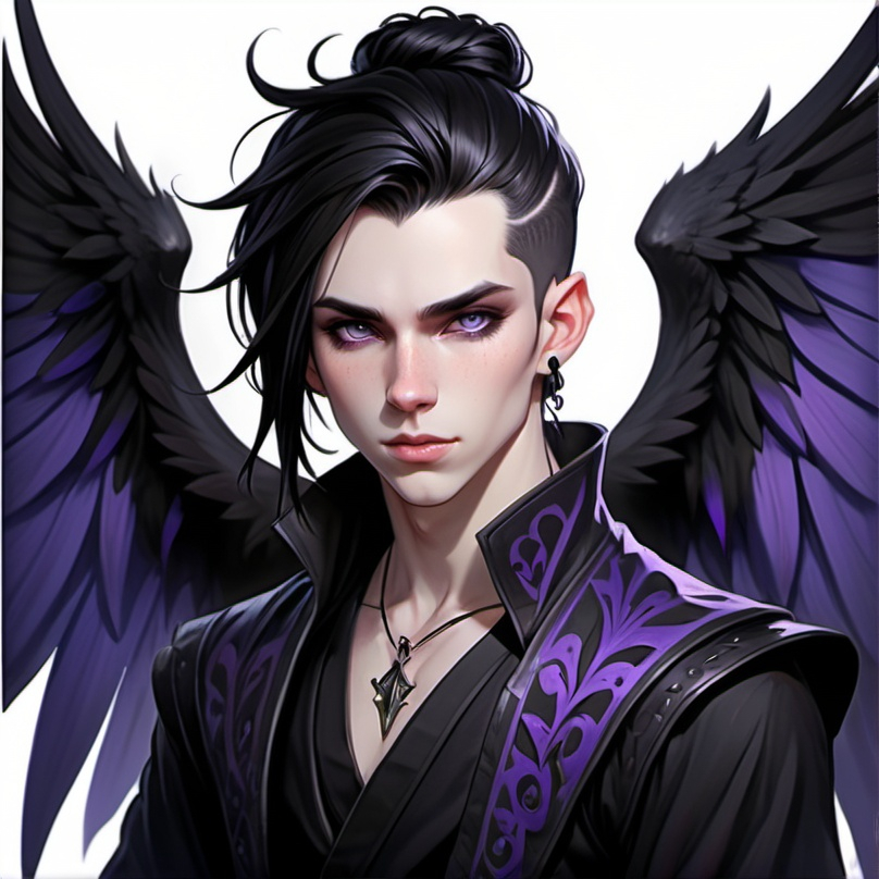 Prompt: Fey male, long pointed ears, Pale skin, long black hair, messy man bun, piercing violet irises, large black raven wings, handsome, andy black, D&D sheet, oc character.