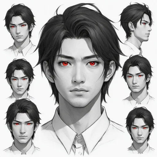 Prompt: 25 year old Japanese handsome man.   bright red eyes. white streak in  mostly black hair. wearing open black button up and black slacks. Light stuble. Honor. gentle. loyal. dnd character sheet. pencil sketch. Multiple angles. detailed face. 