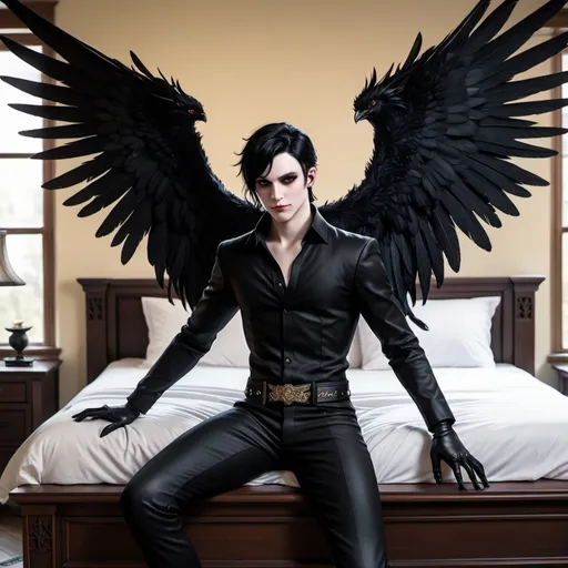 Prompt: D&D inn bed room, handsome male Fey with large black feathered wings, pale skin and black haired sitting on the edge of the bed awkwardly. Devilish smirk amused