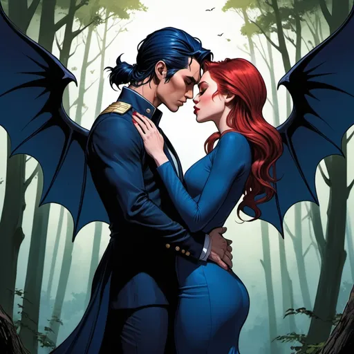 Prompt: Dark forest back ground, beautiful red haired woman in indigo long mermaid style dress kissing black haired, man bun, well dressed, Devil jin with navy bat wings and devil horns. In love. Love. Deep kiss. Leaning over. Detailed faces. Massive height difference. Male taller. Romance. Comic book art. Illustration.