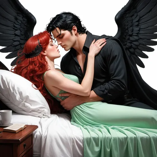 Prompt: Large bed, black sheets, mahogany carved headboard, beautiful red haired woman in mint green long flowy dress kissing black haired, well dressed male Fey with black angel wings. In love. Love. Deep kiss. Leaning over. Romance novel. Detailed faces. Laying down. Romance. Comic book art. Illustration.