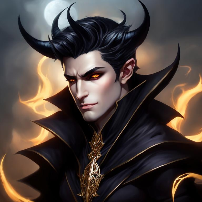 Prompt: A handsome demon, oc for D&D,  casting and dark spell. perfect gold eyes, full body character portrait, dark fantasy, detailed realistic face, digital portrait, fiverr dnd character, beautiful male Tiefling, dusk colored skin tone,  obsidian-hued horns, wearing flowy long-sleeved black shirt, large bat wings