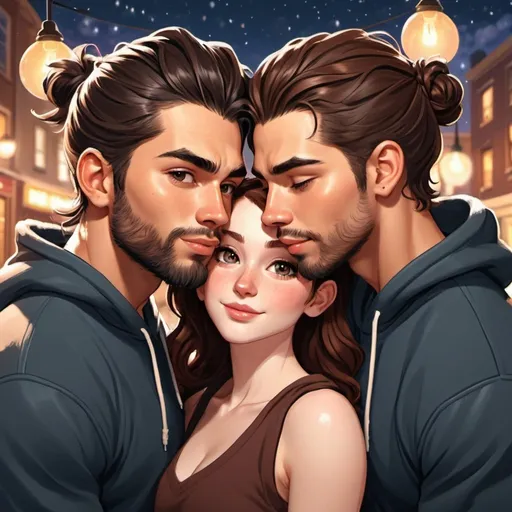 Prompt: Photo booth picture. Happy couple. Kissing. ((beautiful black flowy haired woman with hair down in waves. pale skin)) ((handsome man reddish brown haired in messy man bun. muscular, Latino male, short beard.)) in love. black Hoodies. Detailed faces. Romance novel. Oil painting art. Webtoon style art. Twinkling lights and simple background