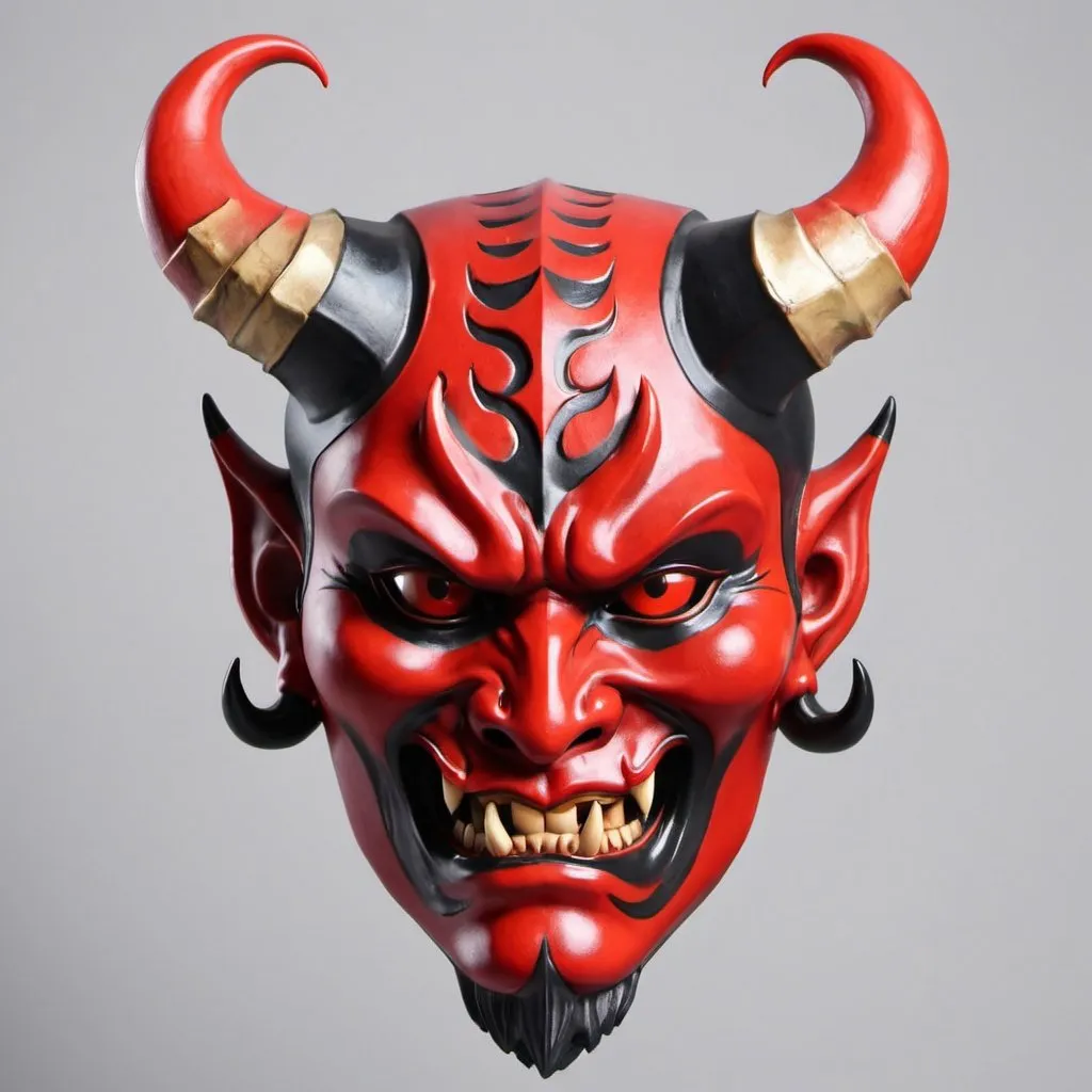 Prompt: Face mask. Bottom half red oni mask. Top half devil mask with six horns