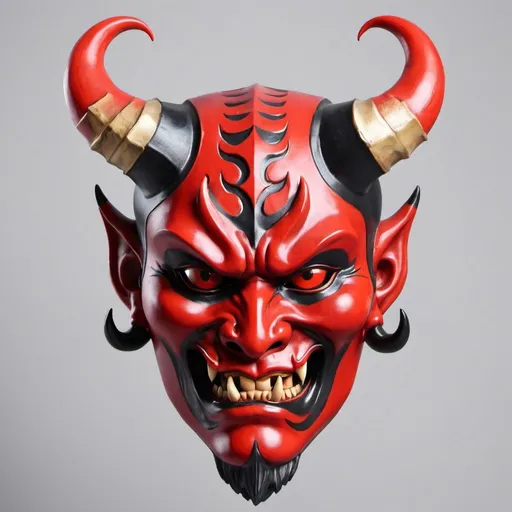 Prompt: Face mask. Bottom half red oni mask. Top half devil mask with six horns