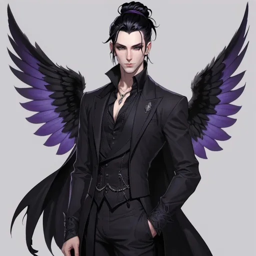 Prompt: Fey male, long pointed ears, Pale skin, long black hair, messy man bun, piercing violet irises, large solid black  wings, handsome, andy black, D&D sheet, oc character. Same character Multiple views, well dressed. Full body. Gothic regal attire.