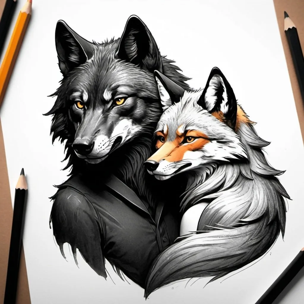 Prompt: Black wolf cuddling with a fox. Comicbook art style. Love. Sweet. Pencil sketch. 