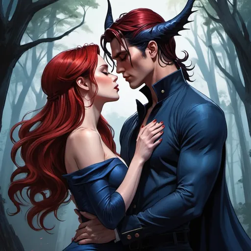 Prompt: Dark forest back ground, beautiful red haired woman in indigo long mermaid style dress kissing black haired, man bun, well dressed, Devil jin with navy bat wings and devil horns. In love. Love. Deep kiss. Leaning over. Detailed faces. Massive height difference. Male taller. Femaled shorter. Romance. Comic book art. Illustration.