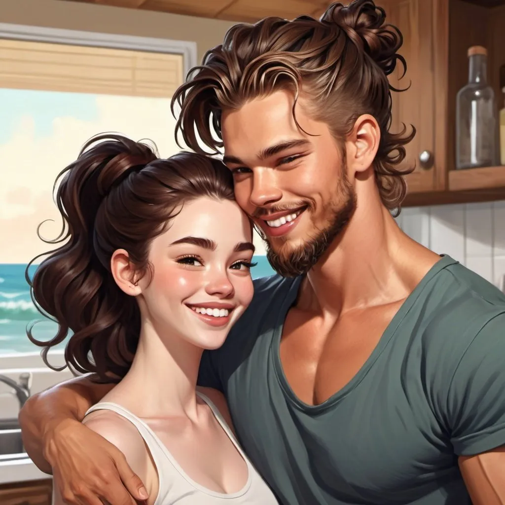 Prompt: Happy couple. Laughing. ((beautiful black flowy haired woman with hair down in waves. pale skin)) ((handsome man reddish brown haired in messy man bun. muscular, Latino Austin Butler, short beard.)) in love. Detailed faces. Romance novel. Oil painting art. Webtoon style art. Kitchen background