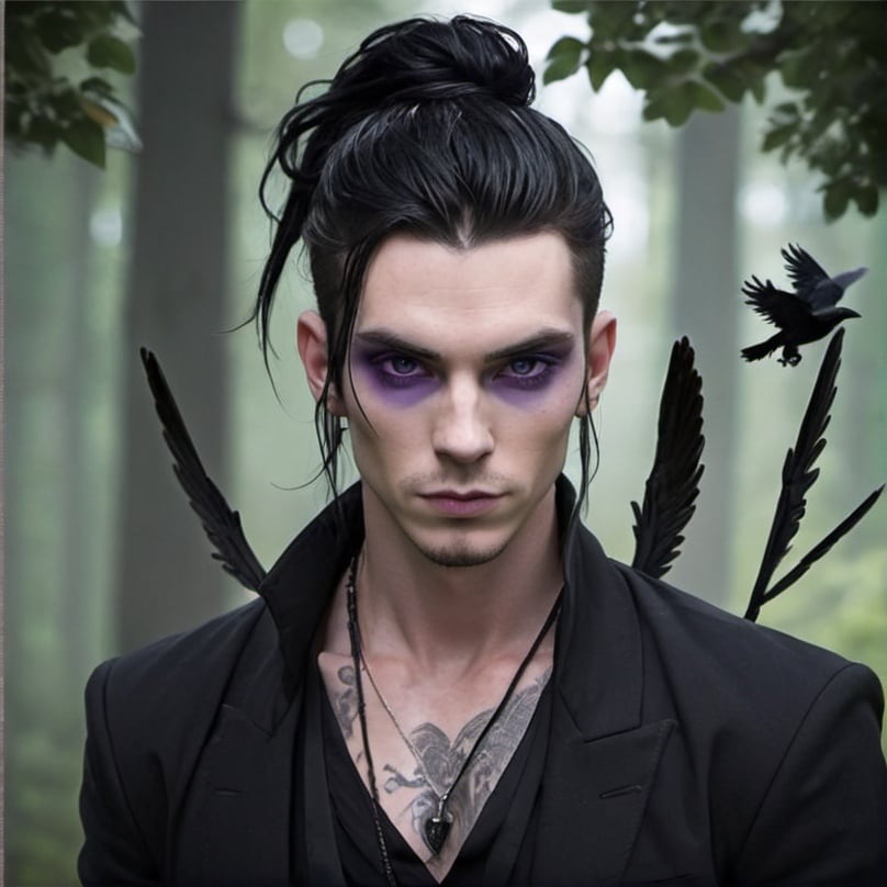 Prompt: Fey male, Pale skin, long black hair, messy man bun, violet eyes, black raven wings, handsome, andy black.