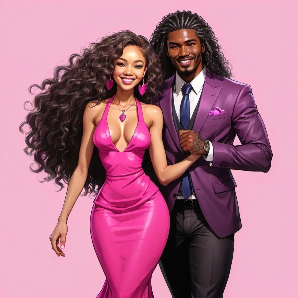 Prompt: Pretty Light skinned black woman. Hot pink dress and jacket. Hand drawing. Long fluffy hair. In love with yakuza man in suit friendly smiling couple. 