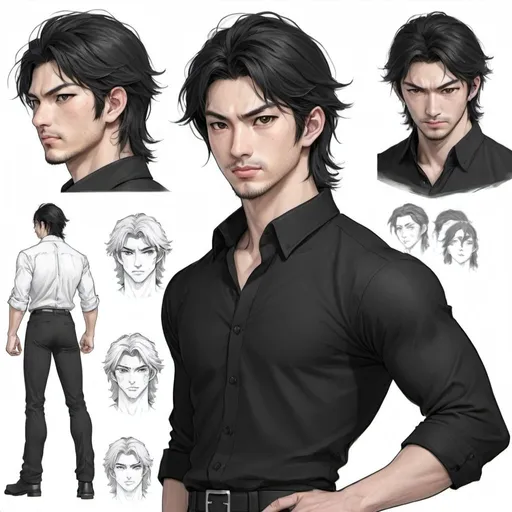 Prompt: 25 year old Japanese handsome man.   Tiger eyes white streak in  mostly black hair. wearing open black button up and black slacks. Light stuble. Muscular. Honor. gentle. loyal. dnd character sheet. pencil sketch. Multiple angles. detailed face. 