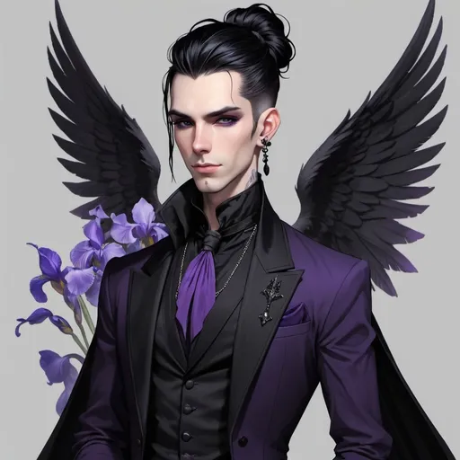 Prompt: Fey male, long pointed ears, Pale skin, long black hair, messy man bun, piercing violet irises, large solid black  wings, handsome, andy black, D&D sheet, oc character. Same character Multiple views, well dressed. Full body. Gothic regal attire.