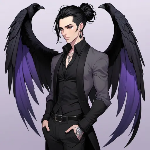 Prompt: Fey male, long pointed ears, Pale skin, long black hair, messy man bun, piercing violet irises, large black raven wings, handsome, andy black, D&D sheet, oc character. Same character Multiple views, well dressed. 