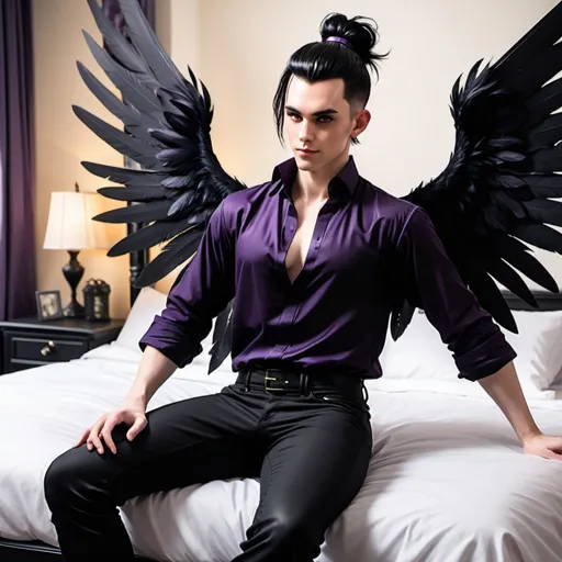 Prompt: D&D inn bed room, handsome male Fey with large black feathered wings, pale skin and black haired sitting on the edge of the bed. Windswept messy man bun, Devilish smirk, amused, legs crossed, playful smirk, piercing violet irises, black satin shirt, andy black, pointy ears, 