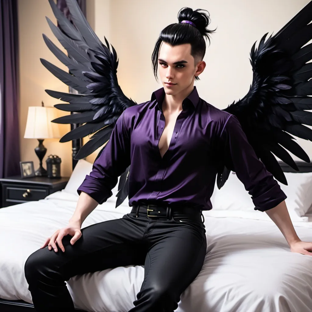 Prompt: D&D inn bed room, handsome male Fey with large black feathered wings, pale skin and black haired sitting on the edge of the bed. Windswept messy man bun, Devilish smirk, amused, legs crossed, playful smirk, piercing violet irises, black satin shirt, andy black, pointy ears, 