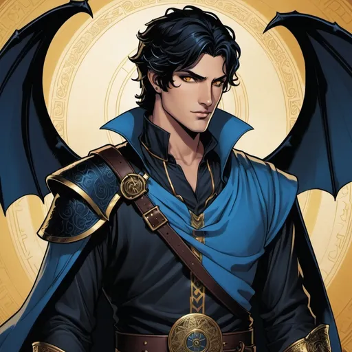 Prompt: Character sheet, same character, Dante with black demonic bat wings. Black hair. Gold eyes. Handsome.  Blue skin, two black spiraling horns. Comicbook art style. Toned. D&D sheet, oc character. Dantes inferno 
