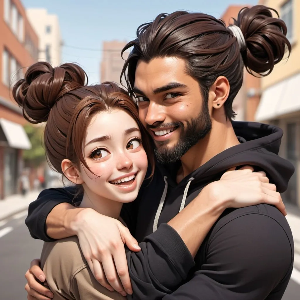 Prompt: Piggyback ride. Female on back. laughing. ((beautiful black flowy haired woman hair down.)) pale skinned female ((handsome man reddish brown haired in messy man bun. muscular)), light tan skinned male, short beard. in love. black Hoodies. Detailed faces. Romance. Webtoon Manga cartoon art. Illustration. Outside background