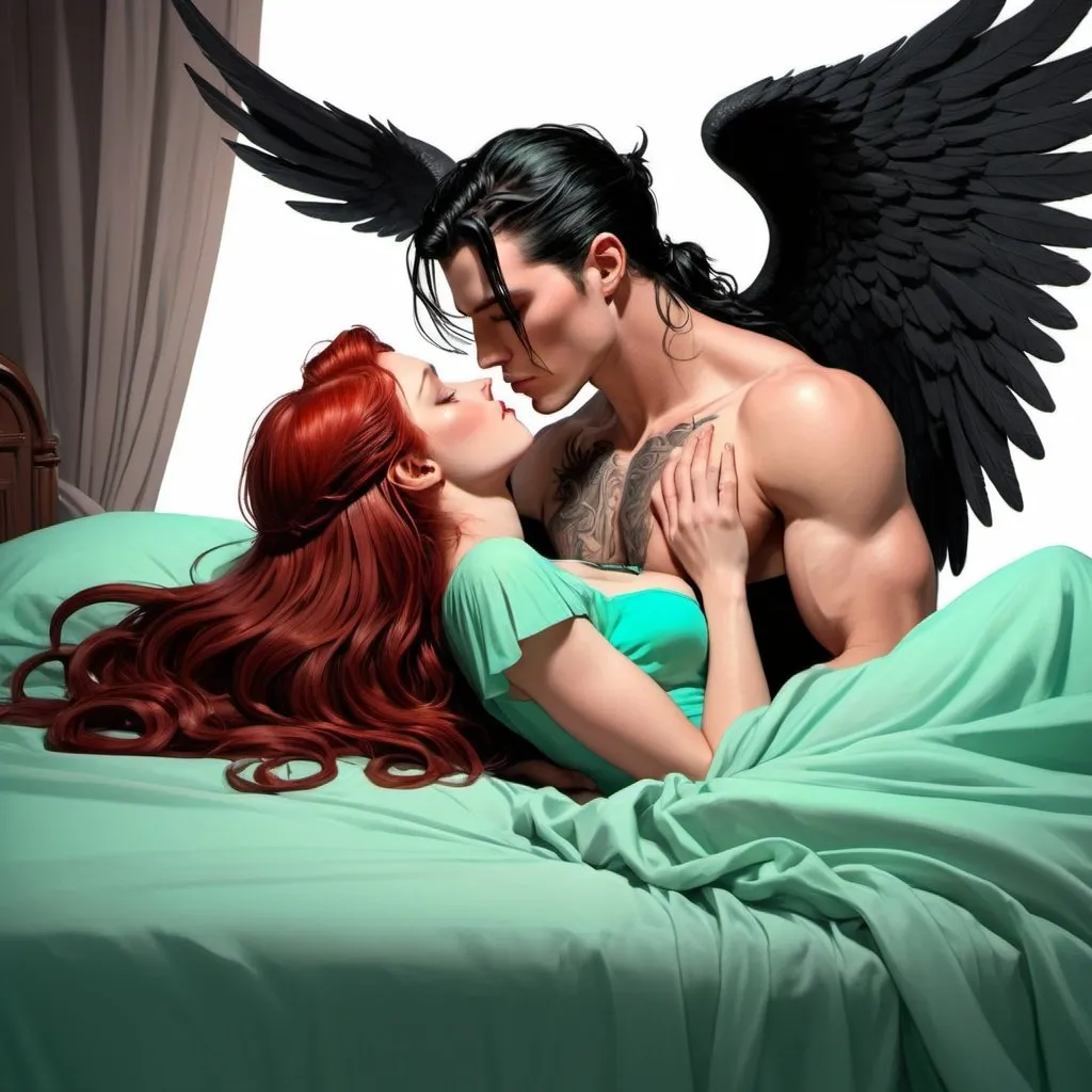 Prompt: Large bed, black sheets, mahogany carved headboard, beautiful red haired woman in mint green long flowy dress kissing black haired, man bun, well dressed, andy black with black angel wings. In love. Love. Deep kiss. Leaning over. Romance novel. Detailed faces. Laying down. Romance. Comic book art. Illustration.