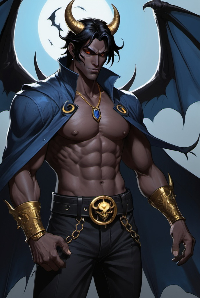 Prompt: Character sheet, same character, Devil jin with black demonic bat wings. Black hair. Gold eyes. Handsome.  Blue skin, two black spiraling horns. Smirk. Playful. Comicbook art style. Toned. D&D sheet, oc character. 