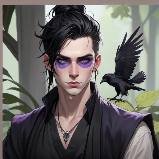 Prompt: Fey male, Pale skin, long black hair, messy man bun, violet eyes, black raven wings, handsome, andy black, D&D sheet, oc character.