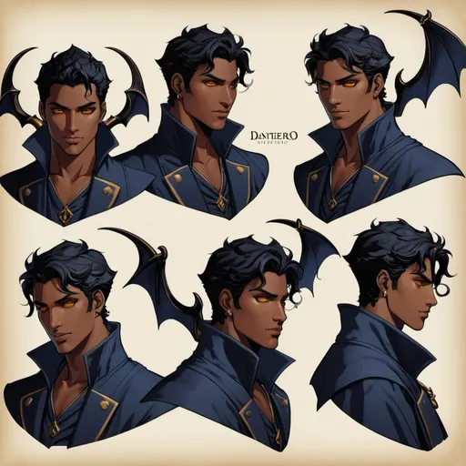 Prompt: Character sheet, multiple angles, same character, Dante with black demonic bat wings. Black hair. Gold eyes. Handsome. Navy  skin, two black spiraling horns. Comicbook art style. Toned. D&D sheet, oc character. Dantes inferno 