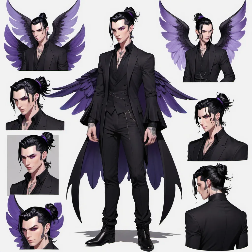 Prompt: Character sheet, multiple angles, same character, Fey male, long pointed ears, Pale skin, long black hair, messy man bun, piercing violet irises, large solid black angel wings, handsome, andy black, D&D sheet, oc character. well dressed. 