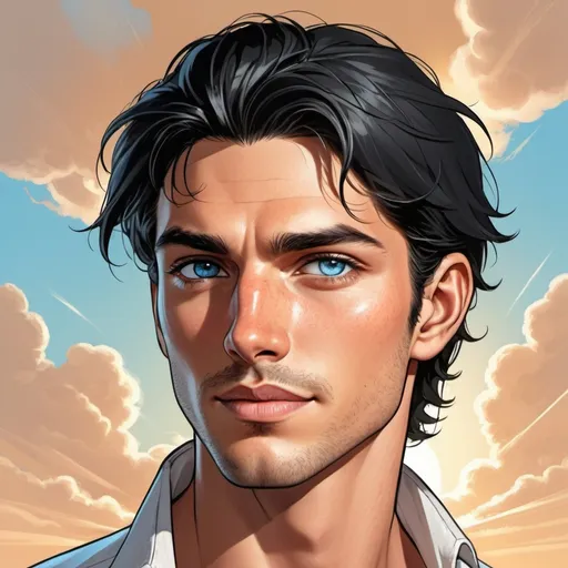 Prompt: young handsome thin face. fantasy setting man. Sky blue eyes. Shoulder length Black hair. Tan sun kissed skin. Nose scar from being broken a few times. Charming smirk. Stubble chin hair. Illustration, comic book art