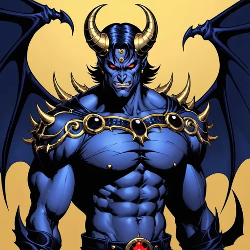 Prompt: Devil jin with black demonic bat wings. Gold eyes. Handsome. Navy sapphire skin, two black spiraling horns. Comicbook art