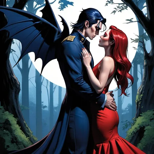 Prompt: Dark forest back ground, beautiful red haired woman in indigo long mermaid style dress kissing black haired, man bun, well dressed, Devil jin with navy bat wings and devil horns. In love. Love. Deep kiss. Leaning over. Detailed faces. Massive height difference. Male taller. Femaled shorter. Romance. Comic book art. Illustration.