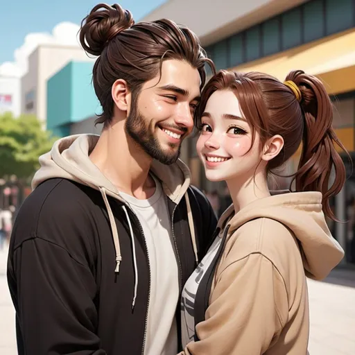 Prompt: Arm around shoulder. laughing. ((beautiful black flowy haired woman)) pale skinned female (( handsome man reddish brown haired in messy man bun)), light tan skinned male, short beard. in love. Hoodies. Detailed faces. Romance. Webtoon Manga cartoon art. Illustration. Outside mall background