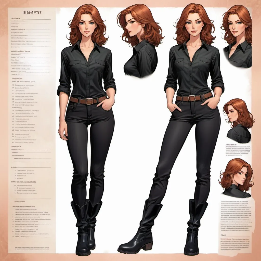 Prompt: Character sheet, multiple angles, same character, tall slender young woman, with medium-length wavy auburn hair, peach skin with pretty hazel eyes, beautiful, gorgeous face, wearing a oversized poofy black shirt, wearing long straight leg pants, wearing tall black boots, fantasy genre, tomboy. comicbook art 
