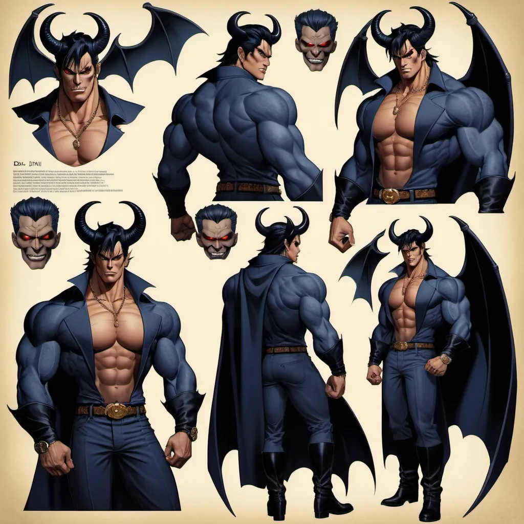 Prompt: Character sheet, multiple angles, same character, Devil jin with black demonic bat wings. Gold eyes. Handsome. Navy  skin, two black spiraling horns. Comicbook art. Toned muscles. D&D sheet, oc character. well dressed. Tattoos