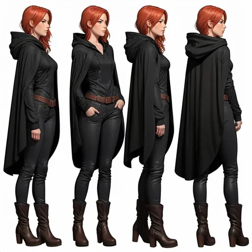 Prompt: Character sheet, multiple angles, same character, tall slender young woman, with medium-length feminine red hair, peach skin with pretty hazel eyes, beautiful, gorgeous face, wearing a large hooded cloak, wearing a poofy black shirt, wearing long pants, wearing tall black boots, fantasy genre, tomboy. comicbook art 
