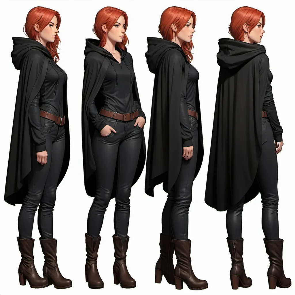 Prompt: Character sheet, multiple angles, same character, tall slender young woman, with medium-length feminine red hair, peach skin with pretty hazel eyes, beautiful, gorgeous face, wearing a large hooded cloak, wearing a poofy black shirt, wearing long pants, wearing tall black boots, fantasy genre, tomboy. comicbook art 
